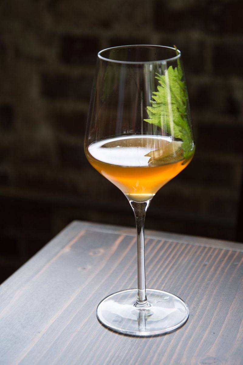 Koi No Yokan cocktail with gin, Pommeau de Normandie, and Shiso. Credit- Mia Yakel.