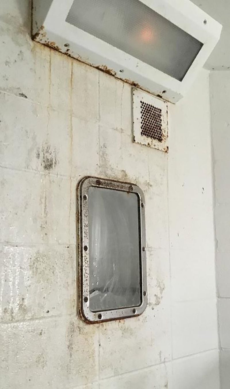 Rusted metal fixtures and unsanitary showers were observed during a recent visit to the South Fulton Municipal Regional Jail, according to a federal lawsuit filed Wednesday, April 10, 2019, by the Georgia Advocacy Office and two women being held there. The lawsuit includes graphic photos — among them this one — and details unimaginable conditions for the women detainees.