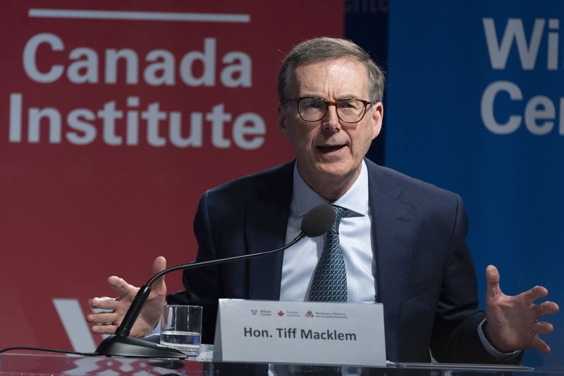 Tiff Macklem, Governor of the Bank of Canada, participates in a Washington Forum on the Canadian Economy, together with Federal Reserve Chair Jerome Powell, Wednesday, April 16, 2025, in Washington. (AP Photo/Manuel Balce Ceneta)