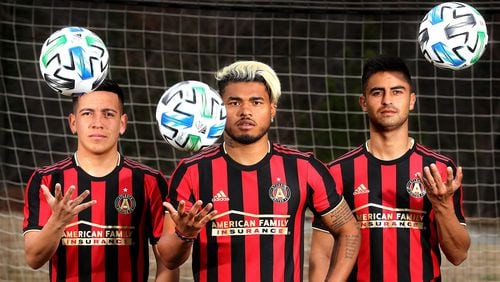 Atlanta United forward Ezequiel Barco (from left), forward Josef Martinez, and midfielder Pity Martinez pose for a portrait at the team training ground on Wednesday, Feb. 5, 2020, in Marietta. Curtis Compton ccompton@ajc.com
