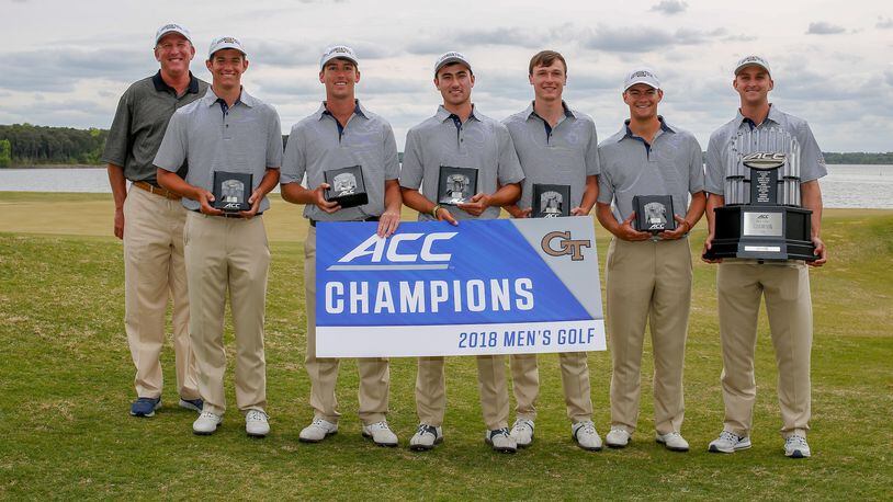 Georgia Tech holds their trophies after winning the the 2018 ACC Mens Golf Championship in New London, N.C., Sunday April 22, 2018. (Photo by Nell Redmond, theACC.com)