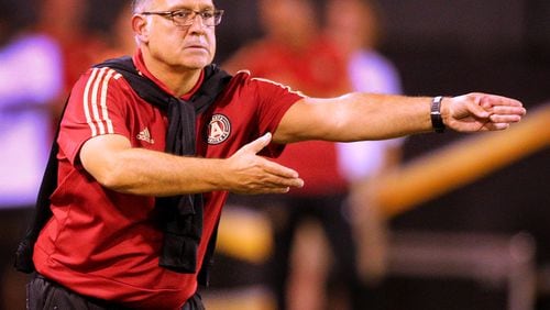 Atlanta United manager Gerardo Martino directs the offense against Charleston Battery on June 6.