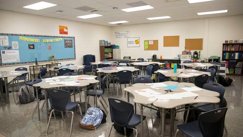 In empty classroom during the first day of school at Carl Harrison High School in Kennesaw, Wednesday, August 1, 2018.  (ALYSSA POINTER/ALYSSA.POINTER@AJC.COM)