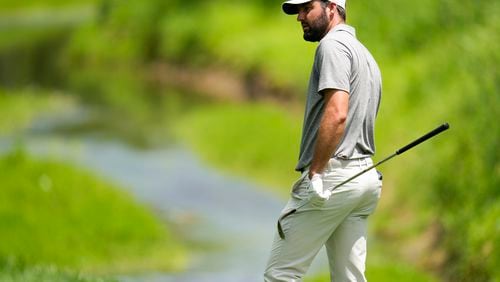 Scottie Scheffler waits to play on the second hole during the third round of the PGA Championship golf tournament at the Valhalla Golf Club, Saturday, May 18, 2024, in Louisville, Ky. (AP Photo/Jeff Roberson)