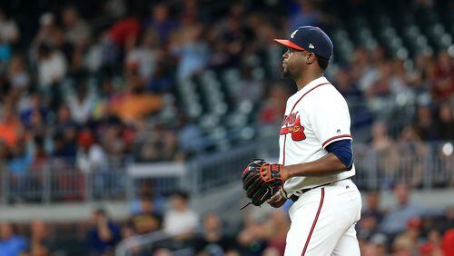 Braves reliever Arodys Vizcaino entered the game in the eighth inning with bases loaded and walked three batters in a row. (Photo by Daniel Shirey/Getty Images)