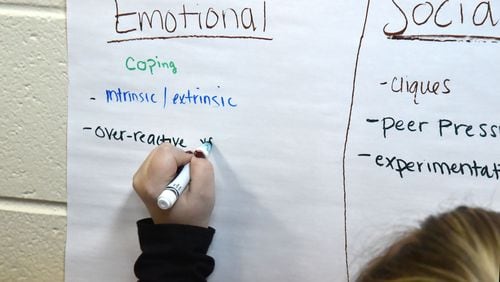 A young student writes down ideas in a recent seminar on mental health. The beginning of school can be stressful on students and families. HYOSUB SHIN / HSHIN@AJC.COM