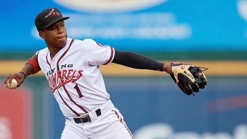 Richmond Flying Squirrels second baseman Jalen Miller (1) throws to first base during an Eastern League game against the Binghamton Rumble Ponies on May 29, 2019 at The Diamond in Richmond, Va. The Atlanta Braves selected Miller in the 2020 Rule 5 draft. (Mike Janes/Four Seam Images)