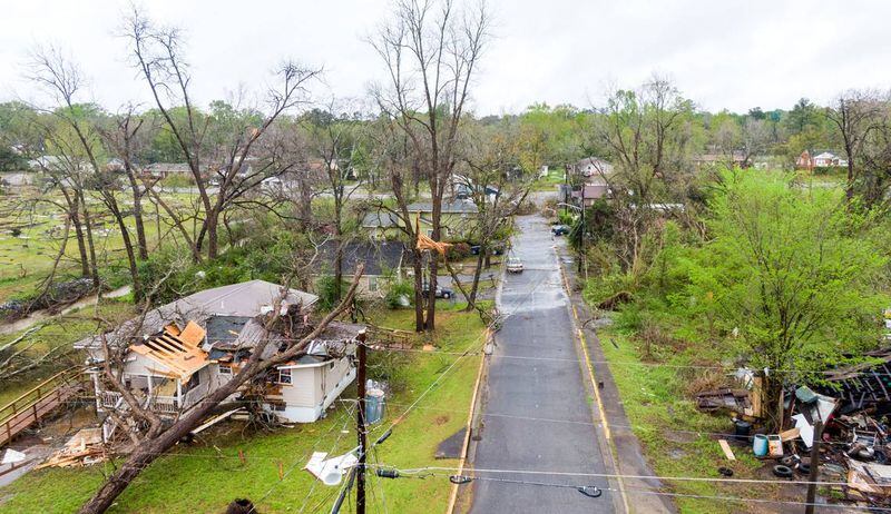 Drone photo down Fraley Ave. in Milledgeville after strong storms rolled through over the weekend. (Photo Courtesy of Jason Vorhees/The Telegraph)