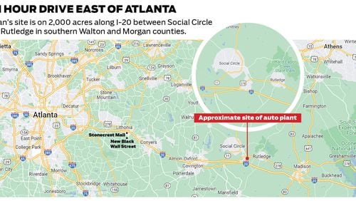 Location of Rivian's planned $5 billion electric vehicle factory east of Atlanta. The company’s site, about 2,000 acres along I-20 between the towns of Social Circle and Rutledge in southern Walton and Morgan counties, is about an hour’s drive from Atlanta and can pull from the metro area’s talent pool to fill its 7,500 planned jobs. Work on Rivian’s plant is slated to start this spring.