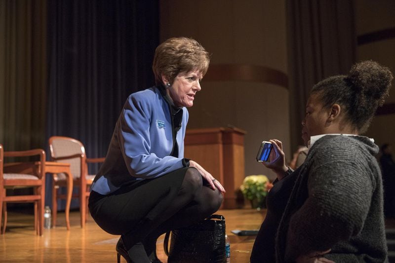 Atlanta Mayoral candidate Mary Norwood talks with a woman following a political forum moderated by former Atlanta City Council President Cathy Woolard at the Carter Center, Tuesday, Nov. 28, 2017. ALYSSA POINTER/ALYSSA.POINTER@AJC.COM