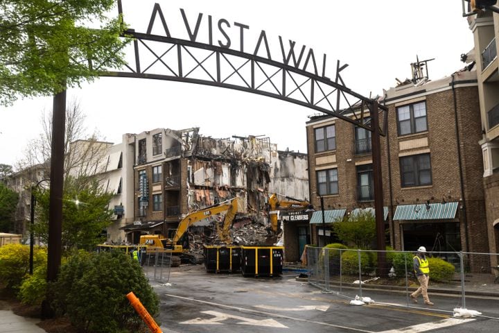 Demolition continued on Thursday, April 11, 2024 at The Reserve at LaVista Walk apartments in northeast Atlanta.  (Photo by John Spink/AJC)