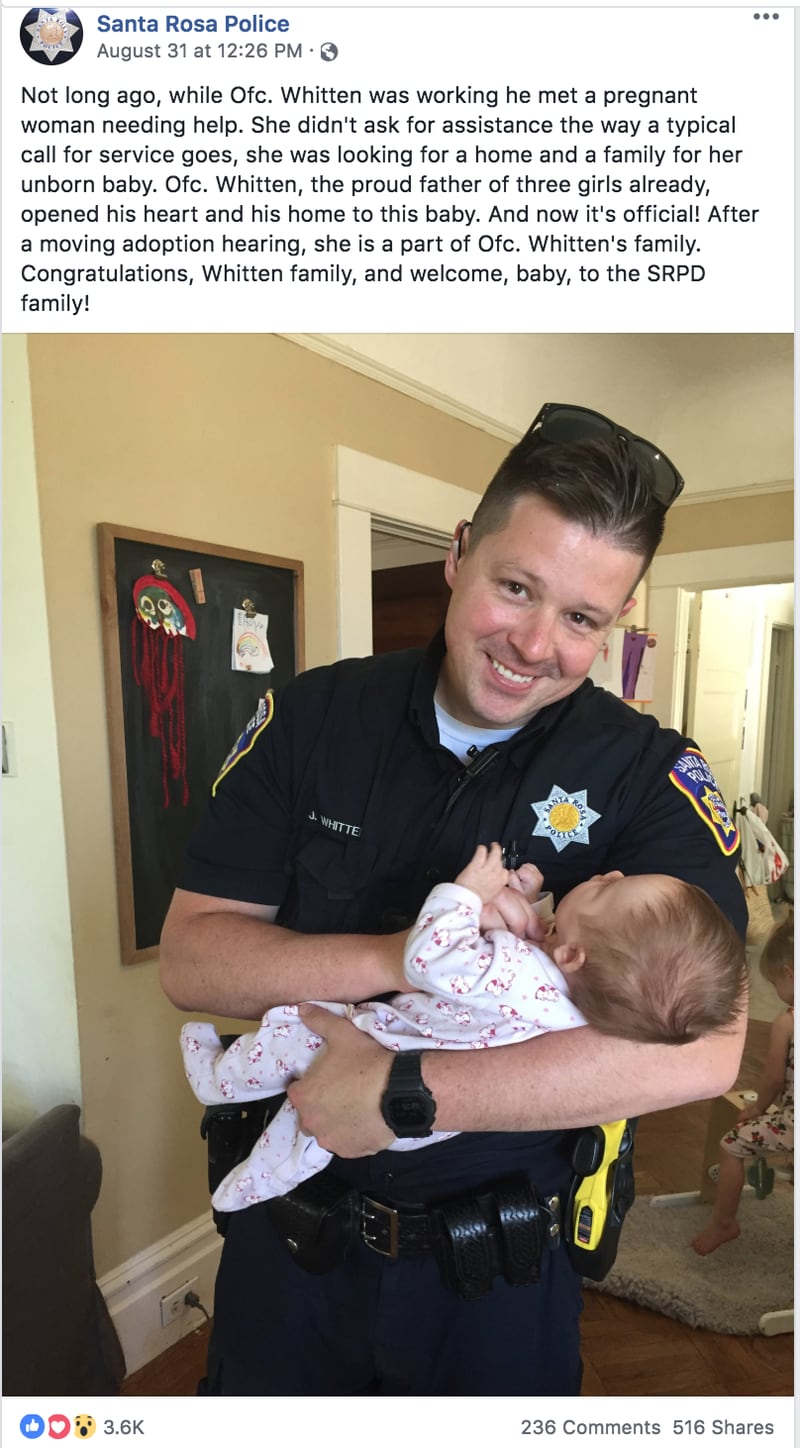 A Friday Facebook post from the Santa Rosa, California police department announces the adoption of a baby girl into officer Jesse Whitten's family.