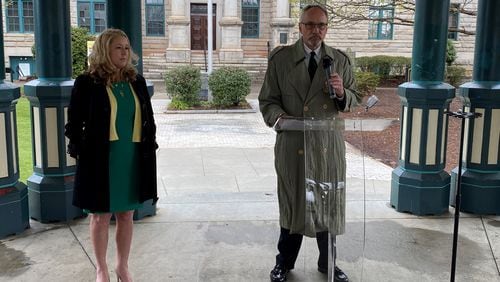 Longtime DeKalb County Commissioner Jeff Rader (right) announced Tuesday he would not be seeking reelection. On Wednesday, he held a press conference to endorse a candidate seeking to fill his shoes: Michelle Long Spears (left).