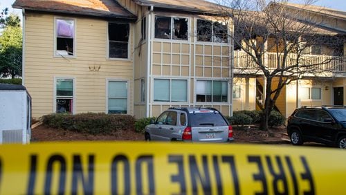 About 30 people were evacuated when a fire broke out in the 100 building of the Bloom at Dawson apartments in Norcross early Thursday. (PHIL SKINNER FOR THE ATLANTA JOURNAL-CONSTITUTION)
