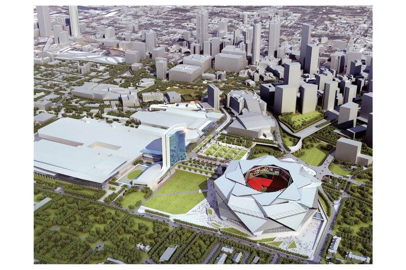 Rendering of a potential 800- to 1,200-room hotel the GWCCA is considering on land now occupied by the Georgia Dome. The hotel is the tall structure next to Building C of the GWCC on the left. The new stadium replacing the Dome is on the right. The grassy area in center could be used as game day parking and a park for the community connecting stadium neighborhoods to downtown.