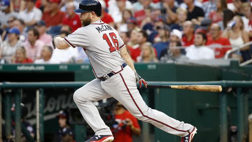 Atlanta Braves' Brian McCann heads to first with an RBI single during the third inning of the team's baseball game against the Washington Nationals, Tuesday, July 30, 2019, in Washington. (AP Photo/Patrick Semansky)
