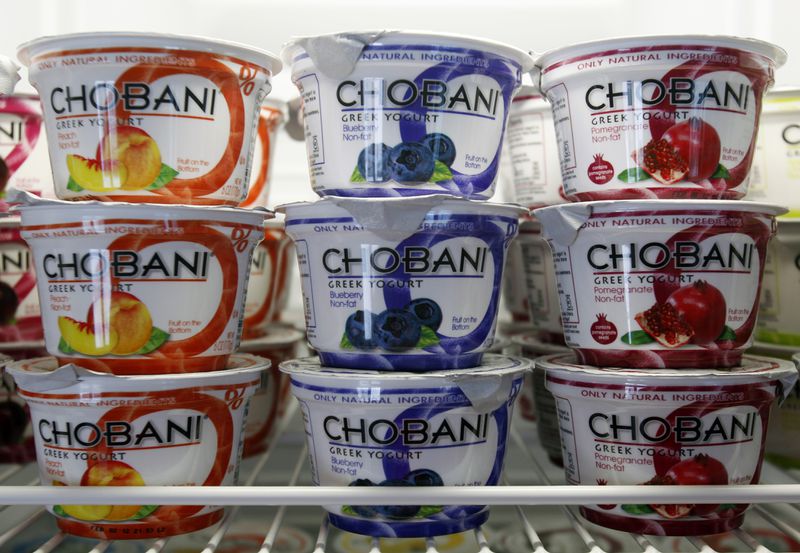FILE - In this Jan. 13, 2012, file photo, Chobani Greek Yogurt is seen at the Chobani plant in South Edmeston, N.Y. Chobani says it's issuing a recall of some of its Greek yogurt cups that were affected by mold, according to the company, Thursday, Sept. 5, 2013. The recall comes after some customers reported claims of illnesses. (AP Photo/Mike Groll, File)