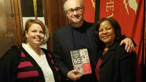 Alison Law (left), host of Literary Atlanta, stands with Jim Auchmutey, author of "The Class of  65" and Kalin Thomas, program director at The Wren s Nest.