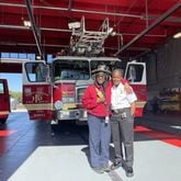 Forest Park Fire Chief Latosha Clemons (right), the 14th Black woman fire chief in the U.S. stands with Lamesha Richardson, who was the first Black woman hired by the department. (Photo Courtesy of Madeline Thigpen/Capital B)