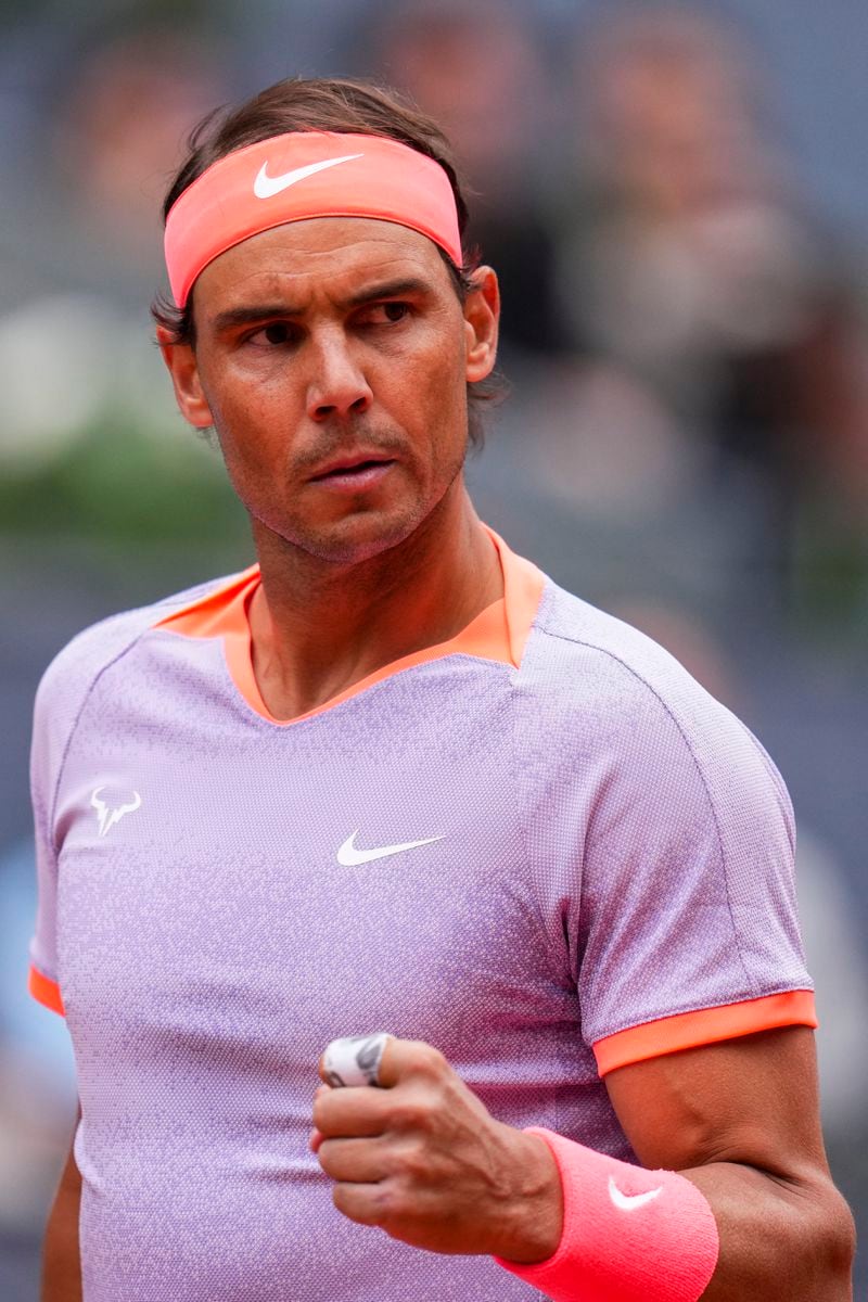 Rafael Nadal of Spain competes against Darwin Blanch of United States during the Mutua Madrid Open tennis tournament in Madrid, Thursday, April 25, 2024. (AP Photo/Manu Fernandez)