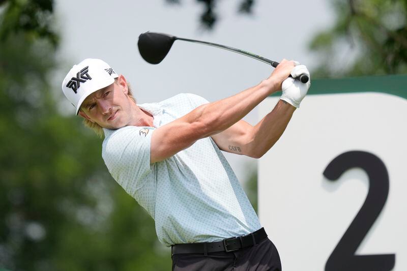 Jake Knapp swings through his tee shot on the second hole during the third round of the Byron Nelson golf tournament in McKinney, Texas, Saturday, May 4, 2024. (AP Photo/LM Otero)