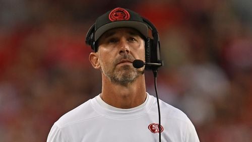 San Francisco 49ers head coach Kyle Shanahan glances back at the scoreboard while playing the Los Angeles Chargers in the first quarter of a preseason game at Levi's Stadium in Santa Clara, California, on Aug. 25, 2023. (Jose Carlos Fajardo/Bay Area News Group/TNS)