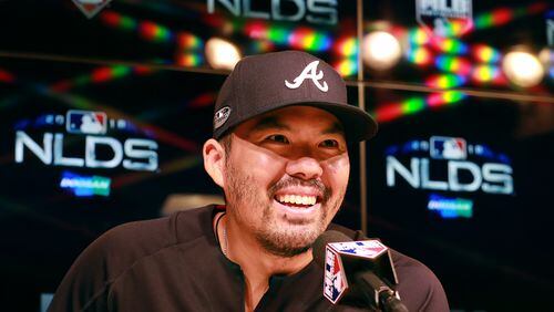 Atlanta Braves catcher Kurt Suzuki speaks to the media before Game 2 of the NLDS against the Los Angeles Dodgers in October. (Curtis Compton/ccompton@ajc.com)
