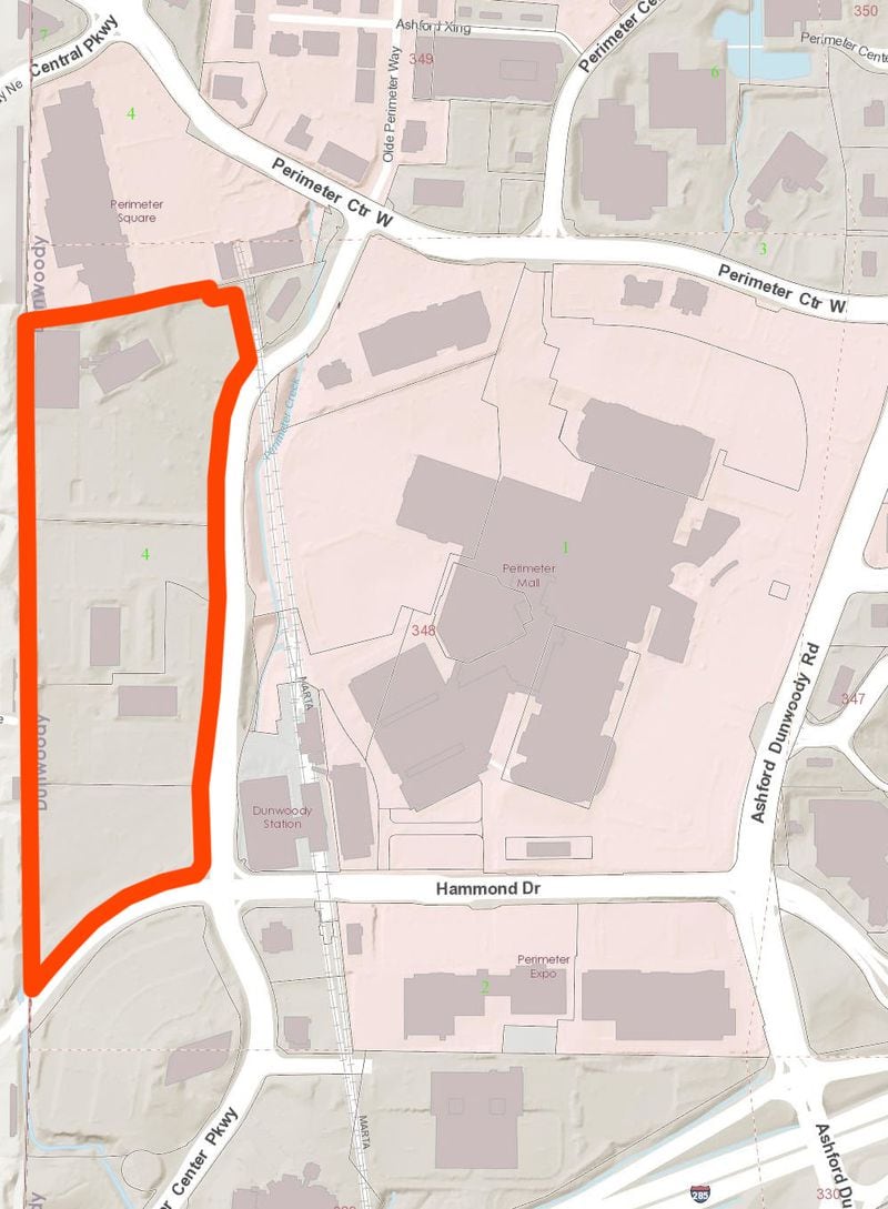 This red outline shows the approximate boundaries of the total High Street site in Dunwoody.