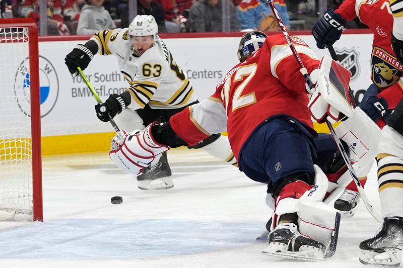 Florida Panthers goaltender Sergei Bobrovsky (72) defends against Boston Bruins left wing Brad Marchand (63) during the first period of Game 2 of a second-round series of the NHL hockey Stanley Cup playoffs Wednesday, May 8, 2024, in Sunrise, Fla. (AP Photo/Lynne Sladky)