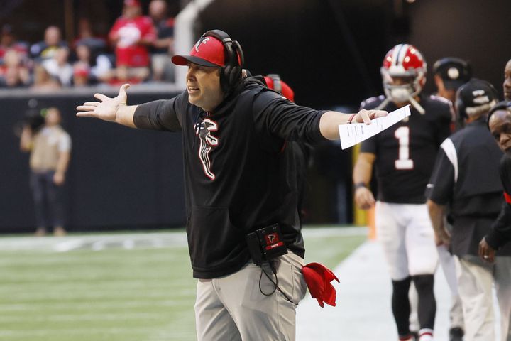 Falcons coach Arthur Smith reacts after a play during the second quarter against the 49ers on Sunday. (Miguel Martinez / miguel.martinezjimenez@ajc.com)
