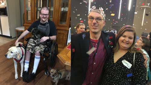 Eli Brown (left) and his service dogs Monte and Peanut live at Wishes 4 Me. Chris Mayo (right), who also lives at Wishes 4 Me, attended Tim Tebow's Night to Shine prom, according to Mariann Marksberry.