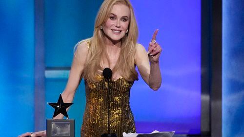 Honoree Nicole Kidman addresses the audience during the 49th AFI Life Achievement Award tribute to her, Saturday, April 27, 2024, at the Dolby Theatre in Los Angeles. (AP Photo/Chris Pizzello)