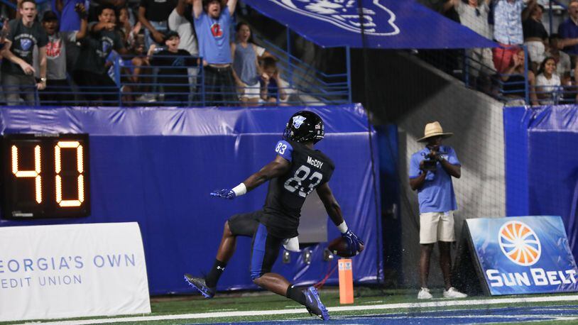 Georgia State Panthers wide receiver Cornelius McCoy (83) scores a touchdown against Furman Paladins during the second half of a college football game at Georgia State Stadium, Saturday, Sept. 7, 2019, in Atlanta.
