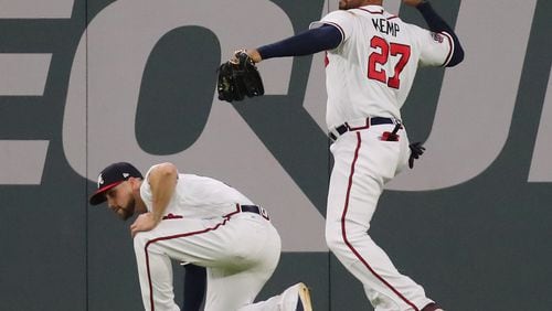 May 3, 2017, Atlanta: Atlanta Braves Ender Inciarte ducks to give Matt Kemp a clear throw on New York Mets Jose Reyes 3-RBI double to take a 12-5 lead over the Atlanta Braves during the 8th inning of a MLB baseball game on Wednesday, May 3, 2017, in Atlanta.  Curtis Compton/ccompton@ajc.com
