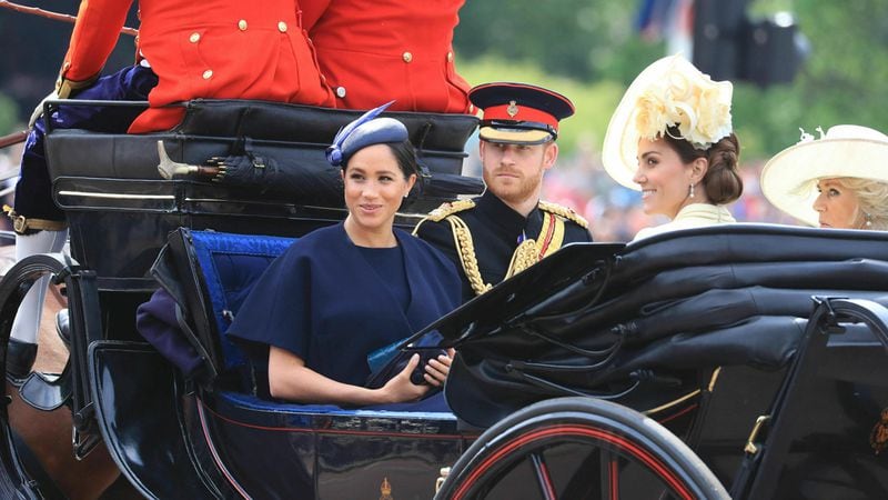 Britain's Prince Harry, Meghan Duchess of Sussex, Kate Duchess of Cambridge and Camilla Duchess of Cornwall attend the annual Trooping the Colour Ceremony in London, Saturday, June 8, 2019. Trooping the Colour is the Queen's Birthday Parade and one of the nation's most impressive and iconic annual events attended by almost every member of the Royal Family.