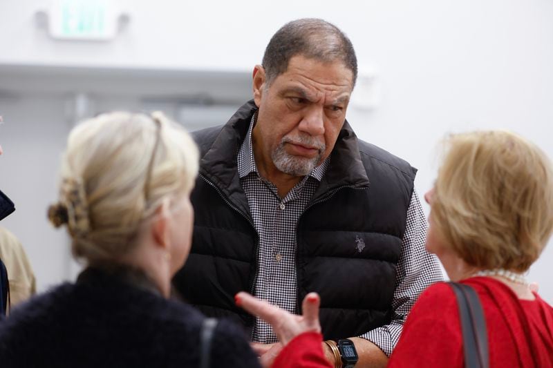 Mableton mayoral candidate Michael Murphy talks to residents following a town hall discussion about the process to de-annex from the city on Wednesday, January 18, 2023.  (Natrice Miller/natrice.miller@ajc.com) 