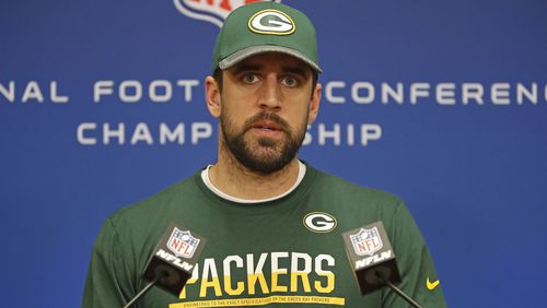Green Bay Packers quarterback Aaron Rodgers speaks with the media during an NFL press conference Wednesday Jan. 18, 2017, in Green Bay, Wis.