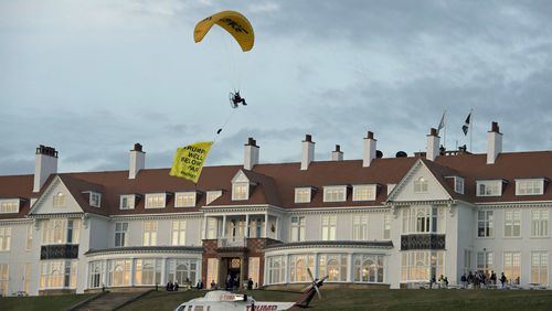 Police in Turnberry, Scotland are searching for a Greenpeace protester who allegedly breached a no-fly zone over President Donald Trump's resort in Turnberry, South Ayrshire, Scotland.