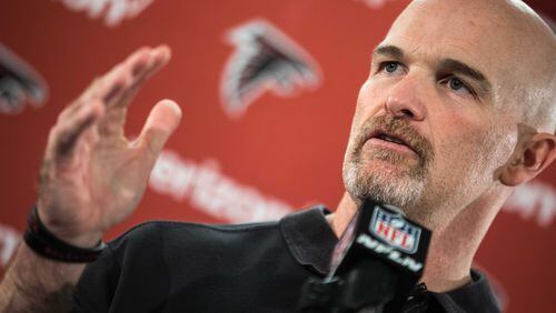Atlanta Falcons head coach Dan Quinn speaks during a press conference at the team’s practice facility, Tuesday, Feb. 7, 2017, in Flowery Branch, Ga. BRANDEN CAMP/SPECIAL
