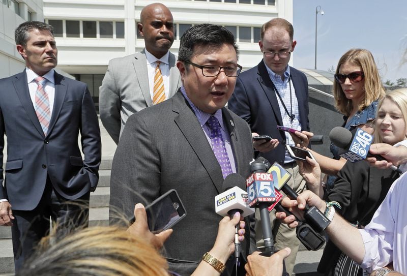 U.S. Attorney Byung J. “BJay” Pak, along with Chris Hacker (far left), FBI Special Agent in charge and Thomas Holloman III (left), IRS investigator, talk to media after former Kasim Reed aide Katrina Taylor-Parks pleaded guilty to accepting bribes Wednesday. “The people of Atlanta deserve much better,” Pak said. BOB ANDRES /BANDRES@AJC.COM
