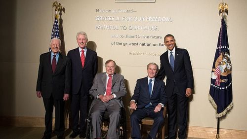 Former U.S. presidents (L-R) Jimmy Carter, Bill Clinton, George H.W. Bush, George W. Bush and President Barak Obama in 2013 at the opening of the George W. Bush Presidential Center April 25, 2013 in Dallas, Texas.  (Photo by Paul Morse/George W. Bush Presidential Center via Getty Images)