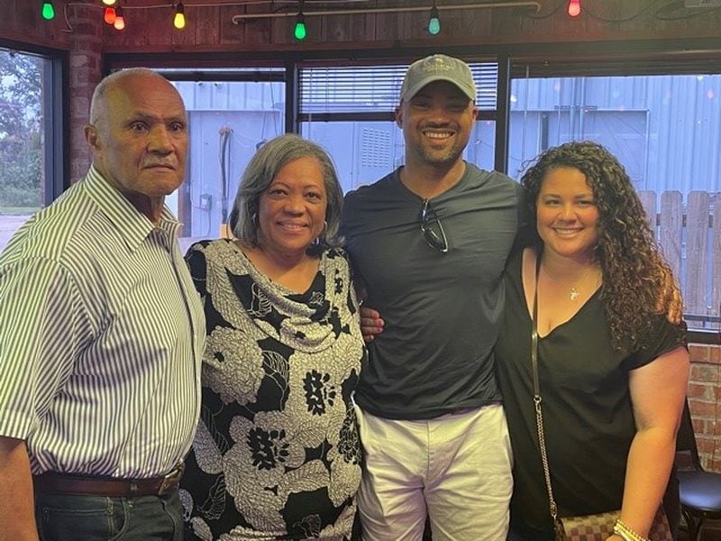 Roy Fontenot, Jacquetta Fontenot, Terry Fontenot and Tanya Fontenot on Saturday, July 10 at local seafood restaurant in the new Falcons general manager's hometown of Lake Charles, La. (Photo by D. Orlando Ledbetter/dledbetter@ajc.com)