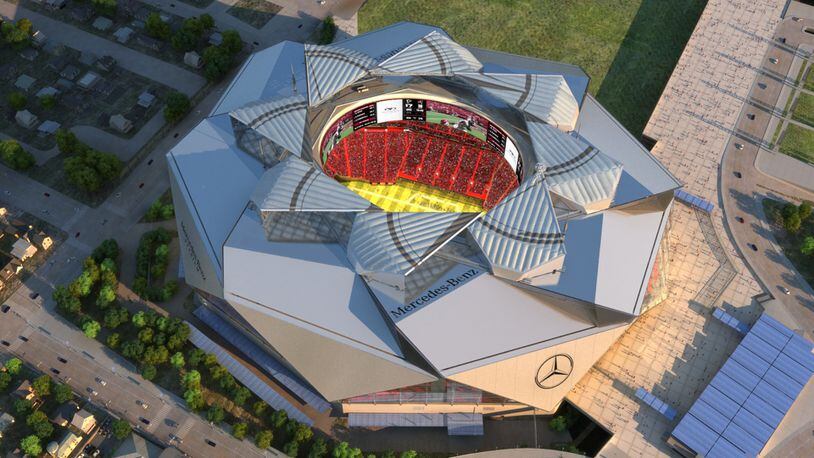The Mercedes-Benz Stadium will feature a retractable roof that can open or close in less than seven minutes. The design was inspired by the Roman Pantheon.