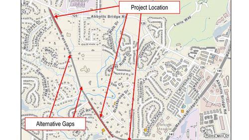 Map shows the sidewalk projects approved by the Johns Creek City Council along Parsons Road. CITY OF JOHNS CREEK