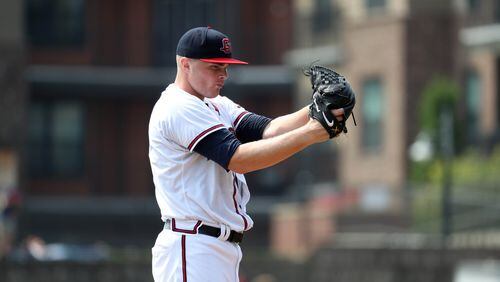 May 11, 2017 - Lawrenceville, Ga: Gwinnett Braves starting pitcher Sean Newcomb (15) prepares to deliver a pitch to a Toledo Mud Hens batter during their game at Coolray Field Thursday, May 11, 2017, in Lawrenceville, Ga. PHOTO / JASON GETZ