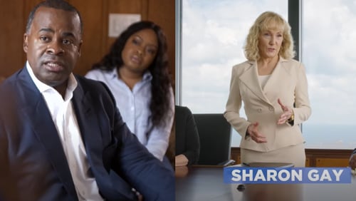 Screenshots from the first campaign ads for Kasim Reed (left) and Sharon Gay.