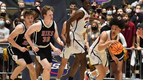 March 10, 2021 Macon - Mt. Pisgah's Chase Tucker (3) brings the ball upcourt during the 2021 GHSA State Basketball Class A Private Championship game at the Macon Centreplex in Macon on Wednesday, March 10, 2021. Mt. Pisgah won 43-41 over Holy Innocents. (Hyosub Shin / Hyosub.Shin@ajc.com)