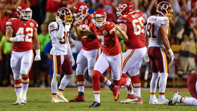 KANSAS CITY, MO - OCTOBER 2: Kicker Harrison Butker #7 of the Kansas City Chiefs turns and celebrates after kicking the go ahead field goal with eight seconds left during the game against the Washington Redskins at Arrowhead Stadium on October 2, 2017 in Kansas City, Missouri. (Photo by Peter Aiken/Getty Images)