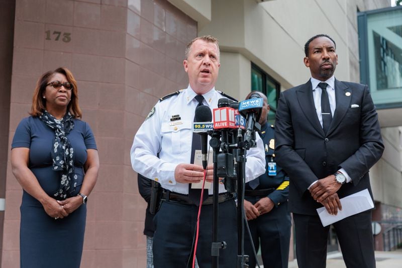 Atlanta Chief Operating Officer Lisa Gordon (left) joins Interim Police Chief Darin Schierbaum (center) and Mayor Andre Dickens during a press conference at 14th and Juniper in Midtown Atlanta on Monday, August 22, 2022, after a woman was arrested on suspicion of shooting three people in Midtown. (Arvin Temkar / arvin.temkar@ajc.com)