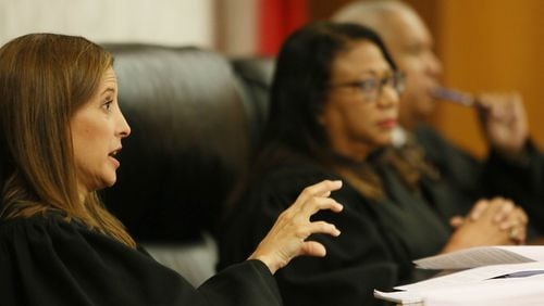June,15 , 2017-Atlanta- Chief  Georgia Appeals Court Judge Sara Doyle, left, discusses the legal dispute over whether young immigrants who have been given a special reprieve from deportation should be allowed to pay in-state tuition in Georgia. “To me,” she said, “this seems like a problem with the statute and that the argument is over across the street with the legislators to make them change the law to expand it to allow these students to come in.”
